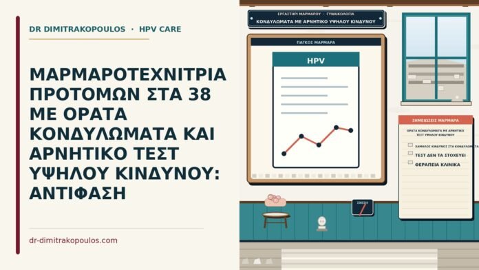 ΜΑΡΜΑΡΟΤΕΧΝΙΤΡΙΑ ΠΡΟΤΟΜΩΝ ΣΤΑ 38 ΜΕ ΟΡΑΤΑ ΚΟΝΔΥΛΩΜΑΤΑ ΚΑΙ ΑΡΝΗΤΙΚΟ ΤΕΣΤ ΥΨΗΛΟΥ ΚΙΝΔΥΝΟΥ: ΑΝΤΙΦΑΣΗ ορατά κονδυλώματα με αρνητικό τεστ υψηλού κινδύνου