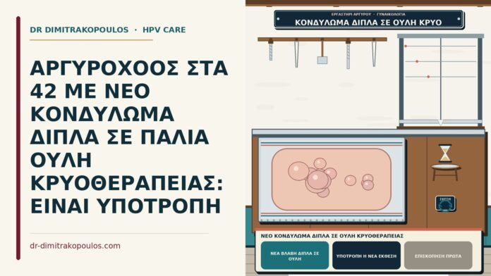 ΑΡΓΥΡΟΧΟΟΣ ΣΤΑ 42 ΜΕ ΝΕΟ ΚΟΝΔΥΛΩΜΑ ΔΙΠΛΑ ΣΕ ΠΑΛΙΑ ΟΥΛΗ ΚΡΥΟΘΕΡΑΠΕΙΑΣ: ΕΙΝΑΙ ΥΠΟΤΡΟΠΗ νέο κονδύλωμα δίπλα σε ουλή κρυοθεραπείας