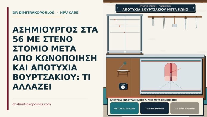 ΑΣΗΜΙΟΥΡΓΟΣ ΣΤΑ 56 ΜΕ ΣΤΕΝΟ ΣΤΟΜΙΟ ΜΕΤΑ ΑΠΟ ΚΩΝΟΠΟΙΗΣΗ ΚΑΙ ΑΠΟΤΥΧΙΑ ΒΟΥΡΤΣΑΚΙΟΥ: ΤΙ ΑΛΛΑΖΕΙ αποτυχία ενδοτραχηλικής λήψης μετά κωνοποίηση