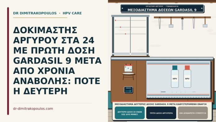 ΔΟΚΙΜΑΣΤΗΣ ΑΡΓΥΡΟΥ ΣΤΑ 24 ΜΕ ΠΡΩΤΗ ΔΟΣΗ GARDASIL 9 ΜΕΤΑ ΑΠΟ ΧΡΟΝΙΑ ΑΝΑΒΟΛΗΣ: ΠΟΤΕ Η ΔΕΥΤΕΡΗ μεσοδιάστημα δεύτερης δόσης Gardasil 9 μετά καθυστερημένη έναρξη