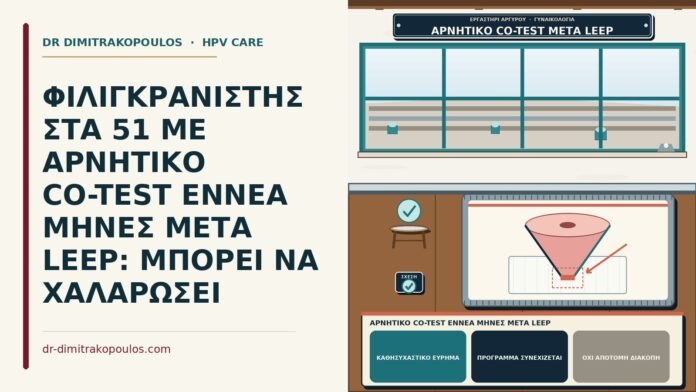 ΦΙΛΙΓΚΡΑΝΙΣΤΗΣ ΣΤΑ 51 ΜΕ ΑΡΝΗΤΙΚΟ CO-TEST ΕΝΝΕΑ ΜΗΝΕΣ ΜΕΤΑ LEEP: ΜΠΟΡΕΙ ΝΑ ΧΑΛΑΡΩΣΕΙ αρνητικό co-test εννέα μήνες μετά LEEP