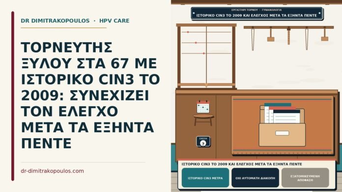 ΤΟΡΝΕΥΤΗΣ ΞΥΛΟΥ ΣΤΑ 67 ΜΕ ΙΣΤΟΡΙΚΟ CIN3 ΤΟ 2009: ΣΥΝΕΧΙΖΕΙ ΤΟΝ ΕΛΕΓΧΟ ΜΕΤΑ ΤΑ ΕΞΗΝΤΑ ΠΕΝΤΕ ιστορικό CIN3 το 2009 και έλεγχος μετά τα εξήντα πέντε
