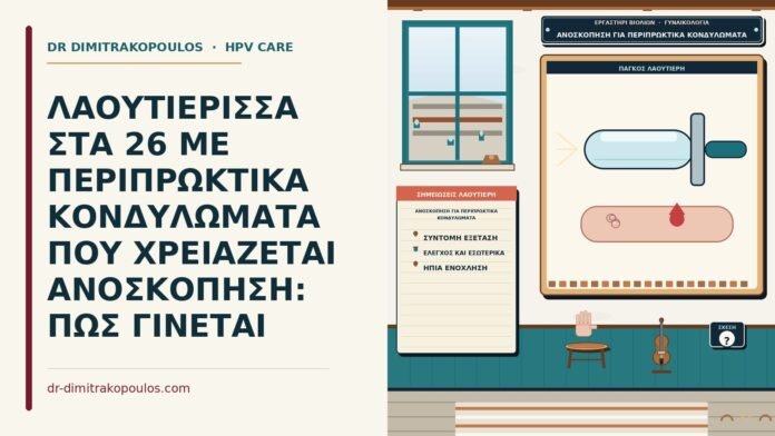 ΛΑΟΥΤΙΕΡΙΣΣΑ ΣΤΑ 26 ΜΕ ΠΕΡΙΠΡΩΚΤΙΚΑ ΚΟΝΔΥΛΩΜΑΤΑ ΠΟΥ ΧΡΕΙΑΖΕΤΑΙ ΑΝΟΣΚΟΠΗΣΗ: ΠΩΣ ΓΙΝΕΤΑΙ ανοσκόπηση για περιπρωκτικά κονδυλώματα