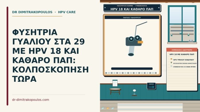 ΦΥΣΗΤΡΙΑ ΓΥΑΛΙΟΥ ΣΤΑ 29 ΜΕ HPV 18 ΚΑΙ ΚΑΘΑΡΟ ΠΑΠ: ΚΟΛΠΟΣΚΟΠΗΣΗ ΤΩΡΑ HPV 18 με καθαρό Παπ