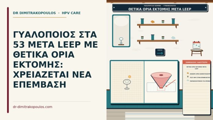 ΓΥΑΛΟΠΟΙΟΣ ΣΤΑ 53 ΜΕΤΑ LEEP ΜΕ ΘΕΤΙΚΑ ΟΡΙΑ ΕΚΤΟΜΗΣ: ΧΡΕΙΑΖΕΤΑΙ ΝΕΑ ΕΠΕΜΒΑΣΗ θετικά όρια εκτομής μετά LEEP