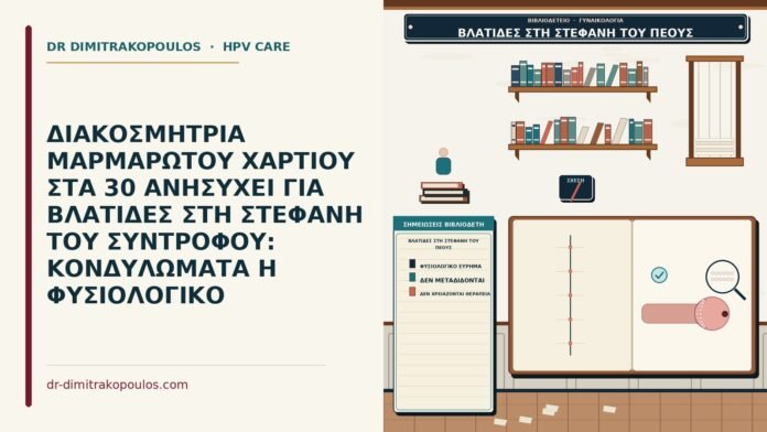 ΔΙΑΚΟΣΜΗΤΡΙΑ ΜΑΡΜΑΡΩΤΟΥ ΧΑΡΤΙΟΥ ΣΤΑ 30 ΑΝΗΣΥΧΕΙ ΓΙΑ ΒΛΑΤΙΔΕΣ ΣΤΗ ΣΤΕΦΑΝΗ ΤΟΥ ΣΥΝΤΡΟΦΟΥ: ΚΟΝΔΥΛΩΜΑΤΑ Η ΦΥΣΙΟΛΟΓΙΚΟ βλατίδες στη στεφάνη του πέους