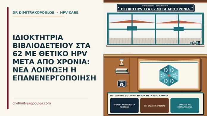 ΙΔΙΟΚΤΗΤΡΙΑ ΒΙΒΛΙΟΔΕΤΕΙΟΥ ΣΤΑ 62 ΜΕ ΘΕΤΙΚΟ HPV ΜΕΤΑ ΑΠΟ ΧΡΟΝΙΑ: ΝΕΑ ΛΟΙΜΩΞΗ Η ΕΠΑΝΕΝΕΡΓΟΠΟΙΗΣΗ θετικό HPV σε ώριμη ηλικία μετά από χρόνια