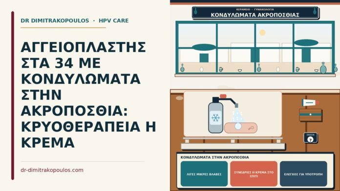 ΑΓΓΕΙΟΠΛΑΣΤΗΣ ΣΤΑ 34 ΜΕ ΚΟΝΔΥΛΩΜΑΤΑ ΣΤΗΝ ΑΚΡΟΠΟΣΘΙΑ: ΚΡΥΟΘΕΡΑΠΕΙΑ Η ΚΡΕΜΑ κονδυλώματα στην ακροποσθία