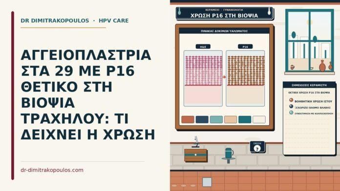 ΑΓΓΕΙΟΠΛΑΣΤΡΙΑ ΣΤΑ 29 ΜΕ P16 ΘΕΤΙΚΟ ΣΤΗ ΒΙΟΨΙΑ ΤΡΑΧΗΛΟΥ: ΤΙ ΔΕΙΧΝΕΙ Η ΧΡΩΣΗ θετική χρώση p16 στη βιοψία