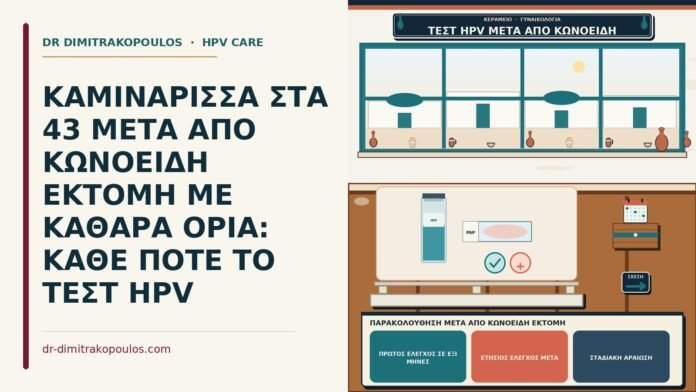 ΚΑΜΙΝΑΡΙΣΣΑ ΣΤΑ 43 ΜΕΤΑ ΑΠΟ ΚΩΝΟΕΙΔΗ ΕΚΤΟΜΗ ΜΕ ΚΑΘΑΡΑ ΟΡΙΑ: ΚΑΘΕ ΠΟΤΕ ΤΟ ΤΕΣΤ HPV παρακολούθηση μετά από κωνοειδή εκτομή