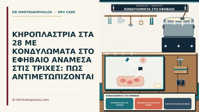 ΚΗΡΟΠΛΑΣΤΡΙΑ ΣΤΑ 28 ΜΕ ΚΟΝΔΥΛΩΜΑΤΑ ΣΤΟ ΕΦΗΒΑΙΟ ΑΝΑΜΕΣΑ ΣΤΙΣ ΤΡΙΧΕΣ: ΠΩΣ ΑΝΤΙΜΕΤΩΠΙΖΟΝΤΑΙ κονδυλώματα στο εφήβαιο