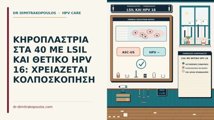 ΚΗΡΟΠΛΑΣΤΡΙΑ ΣΤΑ 40 ΜΕ LSIL ΚΑΙ ΘΕΤΙΚΟ HPV 16: ΧΡΕΙΑΖΕΤΑΙ ΚΟΛΠΟΣΚΟΠΗΣΗ LSIL με θετικό HPV 16