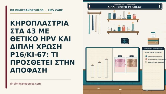 ΚΗΡΟΠΛΑΣΤΡΙΑ ΣΤΑ 43 ΜΕ ΘΕΤΙΚΟ HPV ΚΑΙ ΔΙΠΛΗ ΧΡΩΣΗ P16/KI-67: ΤΙ ΠΡΟΣΘΕΤΕΙ ΣΤΗΝ ΑΠΟΦΑΣΗ διπλή χρώση p16/Ki-67