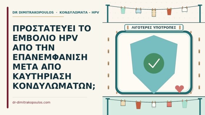 ΠΡΟΣΤΑΤΕΥΕΙ ΤΟ ΕΜΒΟΛΙΟ HPV ΑΠΟ ΤΗΝ ΕΠΑΝΕΜΦΑΝΙΣΗ ΜΕΤΑ ΑΠΟ ΚΑΥΤΗΡΙΑΣΗ ΚΟΝΔΥΛΩΜΑΤΩΝ; επανεμφάνιση