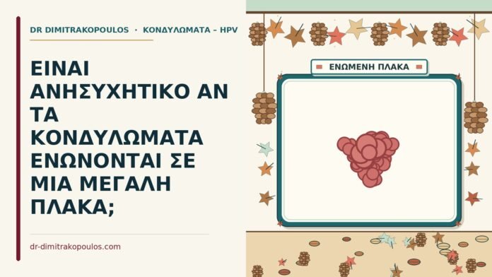ΕΙΝΑΙ ΑΝΗΣΥΧΗΤΙΚΟ ΑΝ ΤΑ ΚΟΝΔΥΛΩΜΑΤΑ ΕΝΩΝΟΝΤΑΙ ΣΕ ΜΙΑ ΜΕΓΑΛΗ ΠΛΑΚΑ; κονδυλώματα